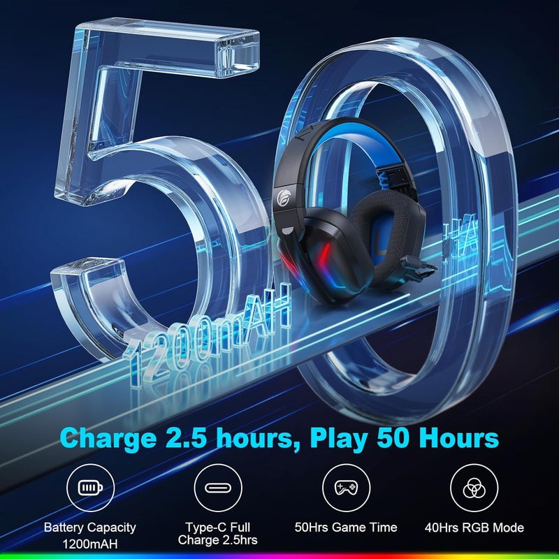 Fachixy Wireless Gaming Headset with Microphone for PC, PS5, PS4, Bluetooth Gaming Headphones - Fast Charge 50Hr Battery, Cool LED Lights for Switch, Laptop, Mobile, Mac 2.4GHz Gamer Headset - Image 5